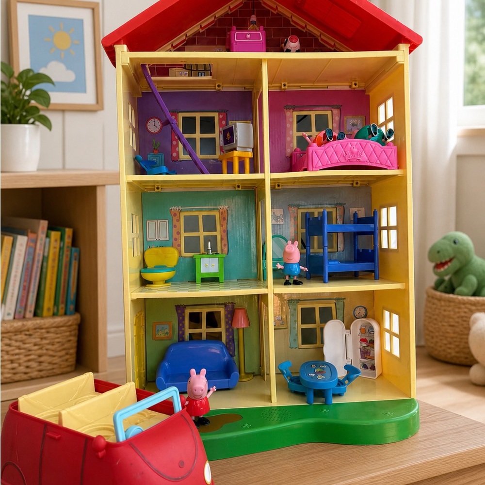 Peppa Pig Yellow Dollhouse Playset with Red Roof and Pink Furniture